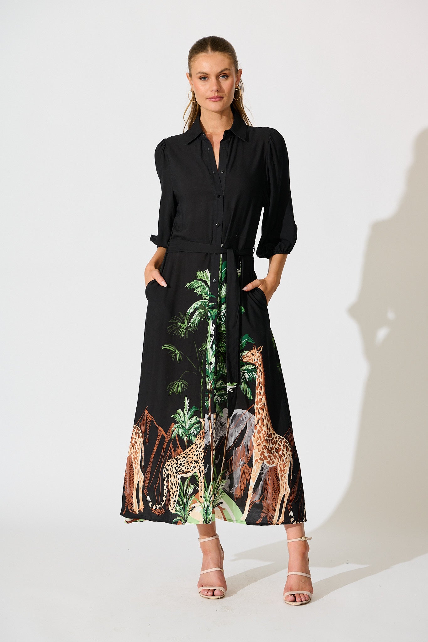 Coco Maxi Shirt Dress in Black Print full length