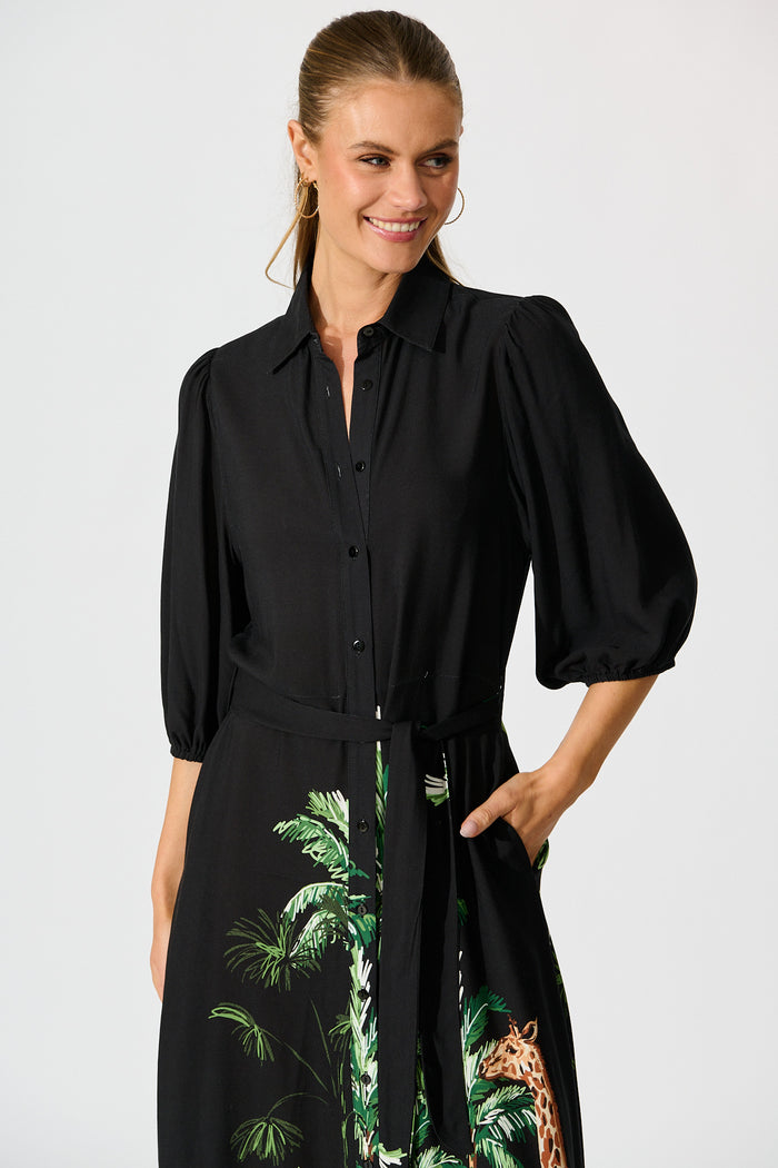 Coco Maxi Shirt Dress in Black Print front