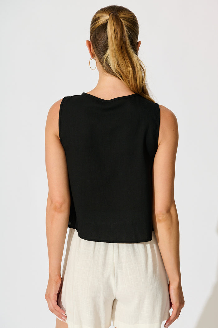 Destina Tie Front Top in Black Linen Blend back