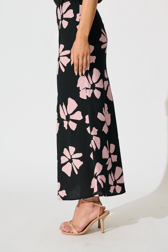 Lanah Maxi Skirt in Black with Pink Flower Print side