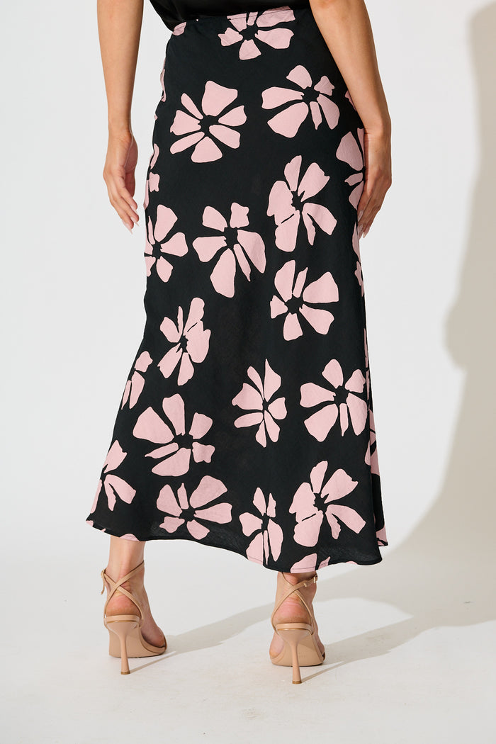 Lanah Maxi Skirt in Black with Pink Flower Print back