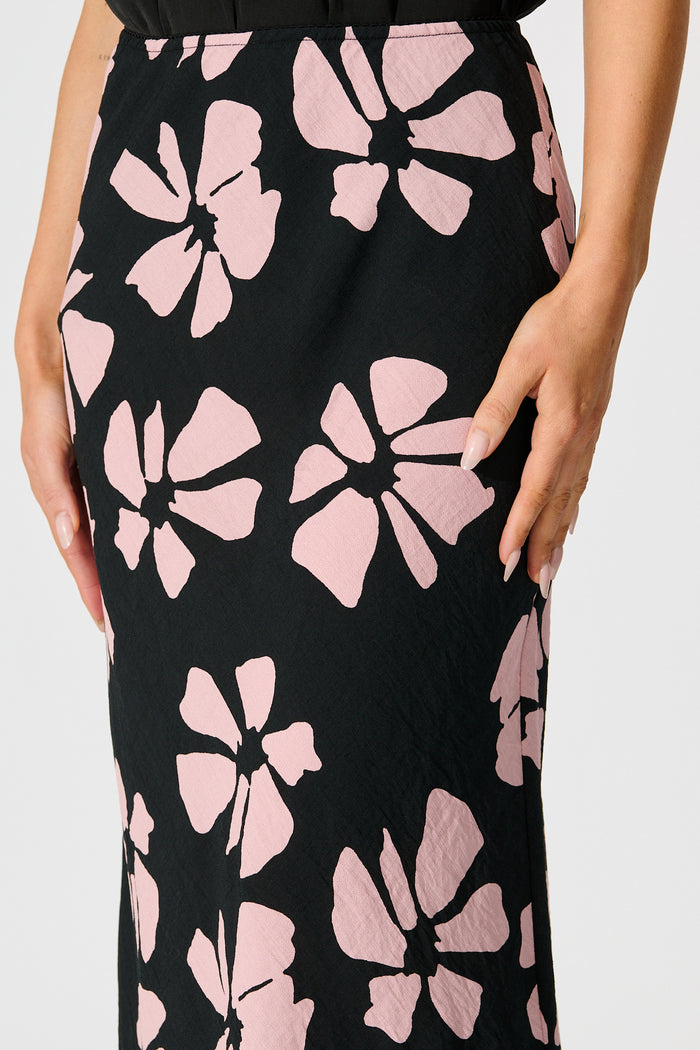 Lanah Maxi Skirt in Black with Pink Flower Print detail