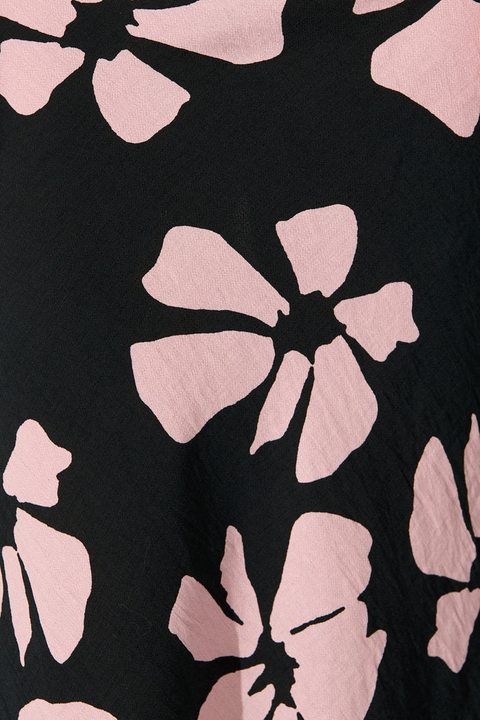 Lanah Maxi Skirt in Black with Pink Flower Print fabric