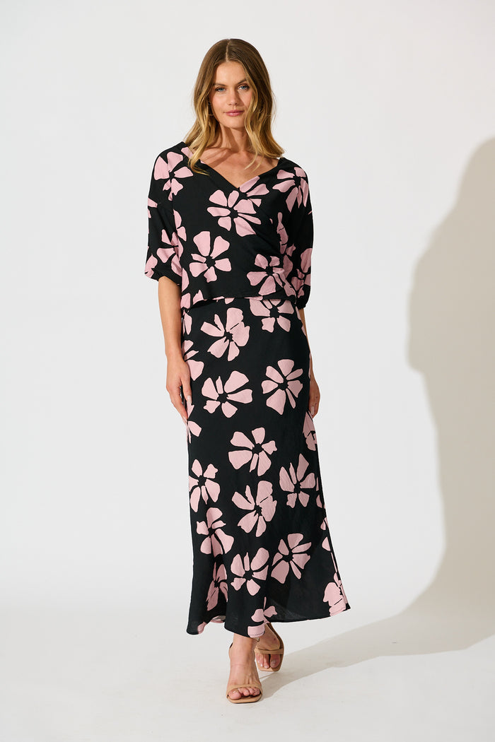 Lanah Maxi Skirt in Black with Pink Flower Print full length set