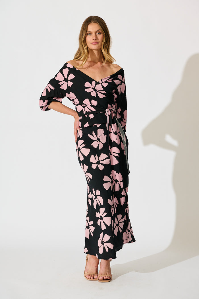 Rhylee Wrap Top in Black with Pink Flower Print full length set