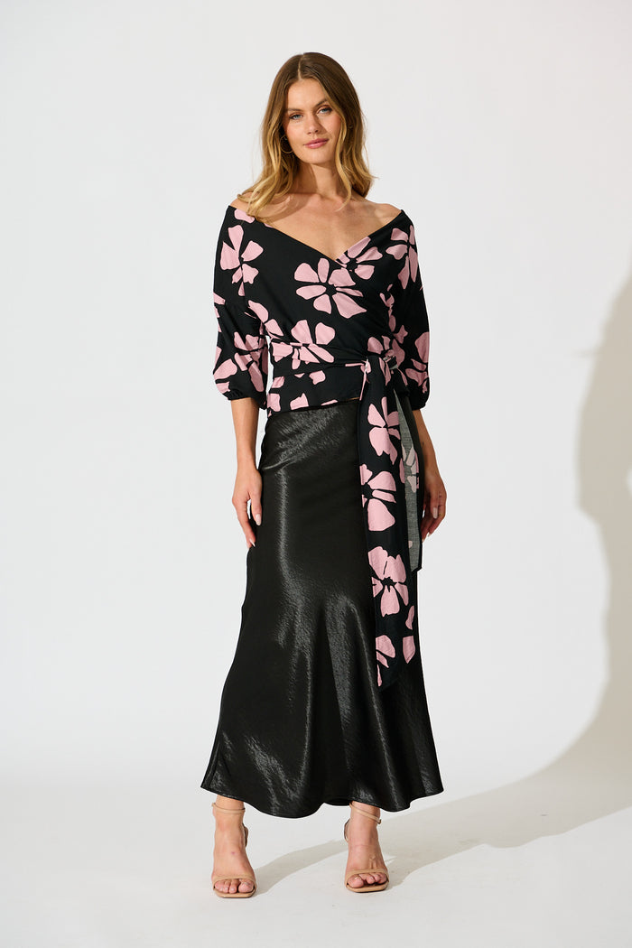 Rhylee Wrap Top in Black with Pink Flower Print full length