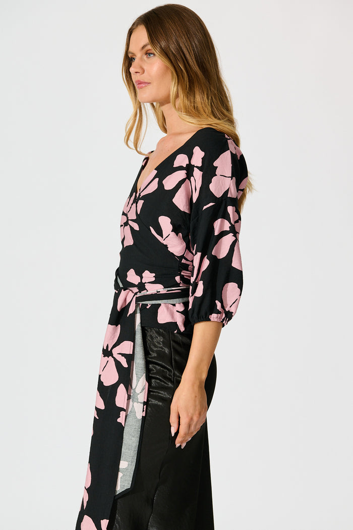 Rhylee Wrap Top in Black with Pink Flower Print side