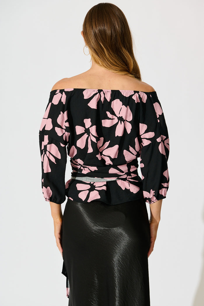 Rhylee Wrap Top in Black with Pink Flower Print back