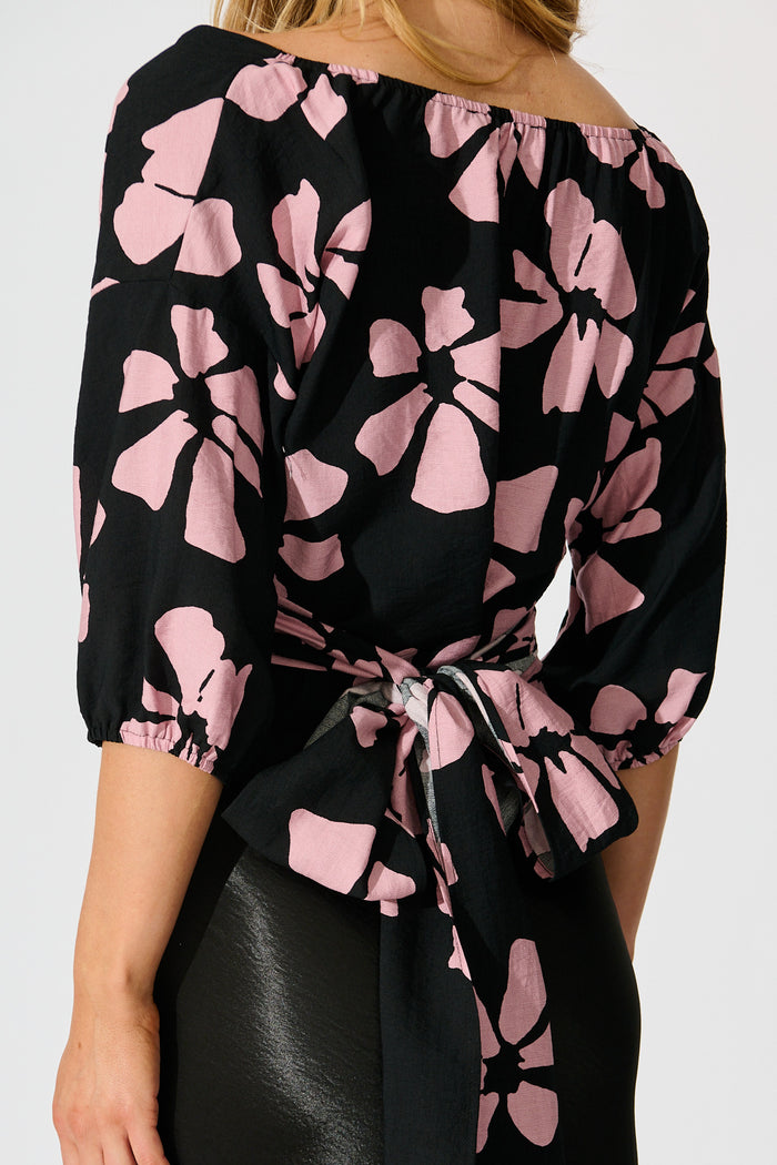 Rhylee Wrap Top in Black with Pink Flower Print detail