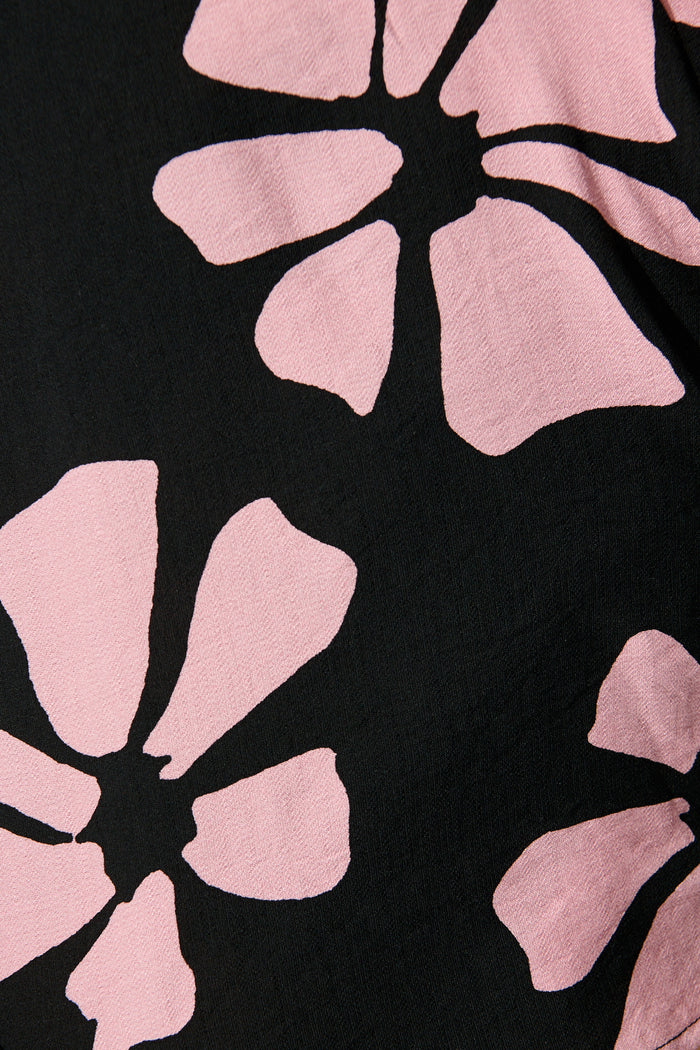 Rhylee Wrap Top in Black with Pink Flower Print fabric
