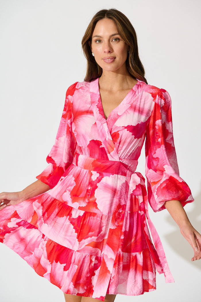Thilda Wrap Dress in Pink Watercolour Floral front