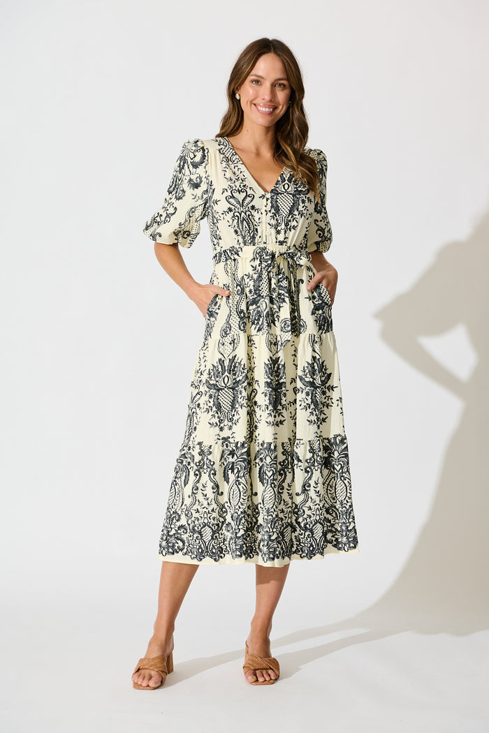Savannah Song Midi Dress in White with Black Boho Print full length