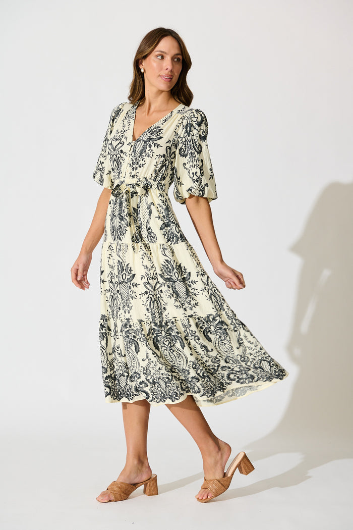 Savannah Song Midi Dress in White with Black Boho Print side