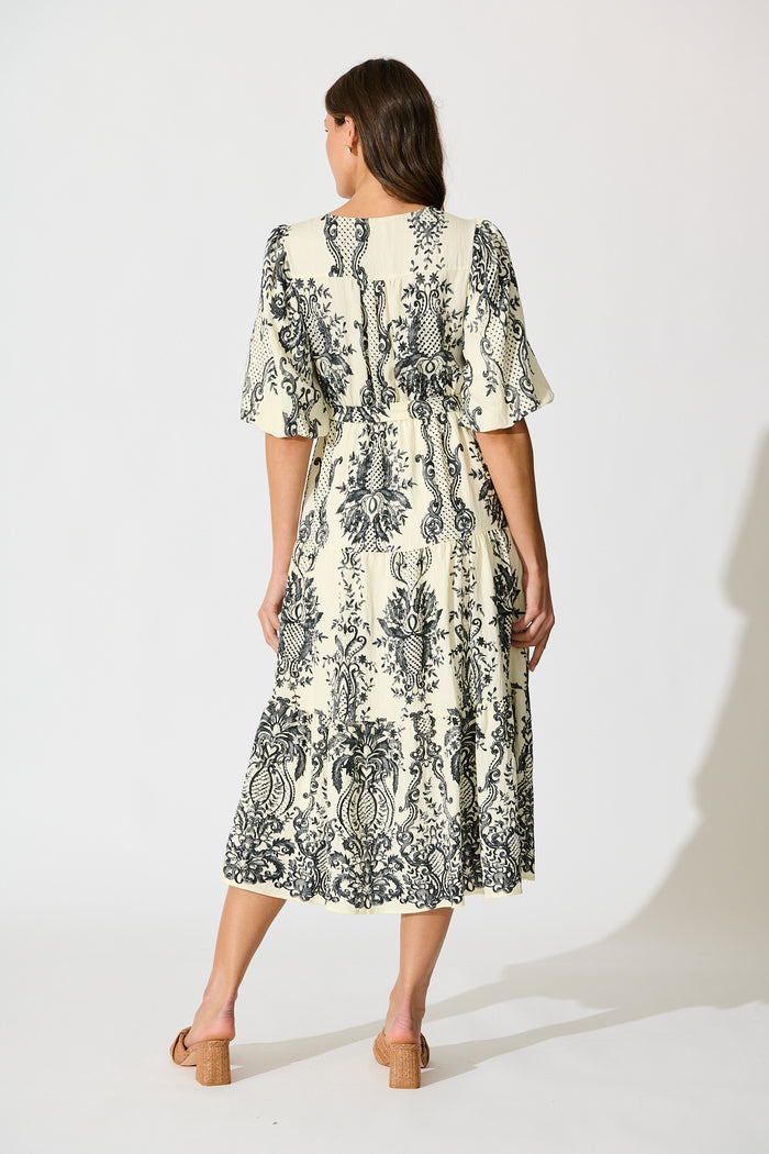 Savannah Song Midi Dress in White with Black Boho Print back