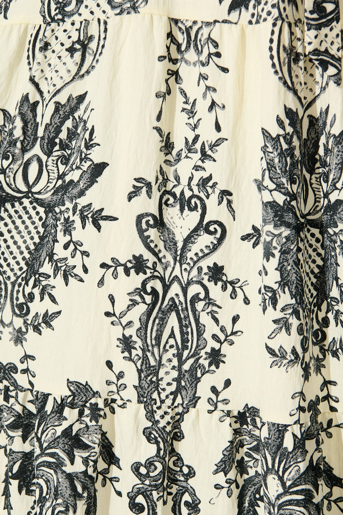 Savannah Song Midi Dress in White with Black Boho Print fabric