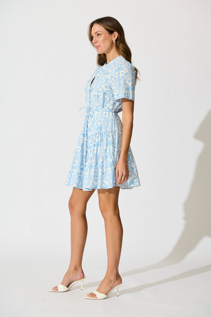 Lorea Dress in White with Blue Tropical Print Cotton side