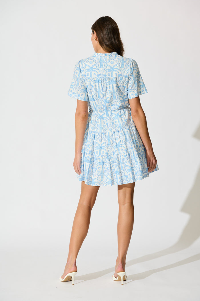 Lorea Dress in White with Blue Tropical Print Cotton back