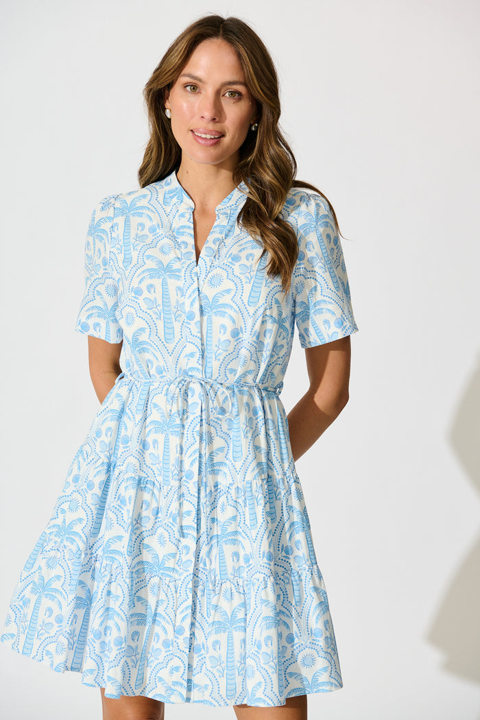 Lorea Dress in White with Blue Tropical Print Cotton front