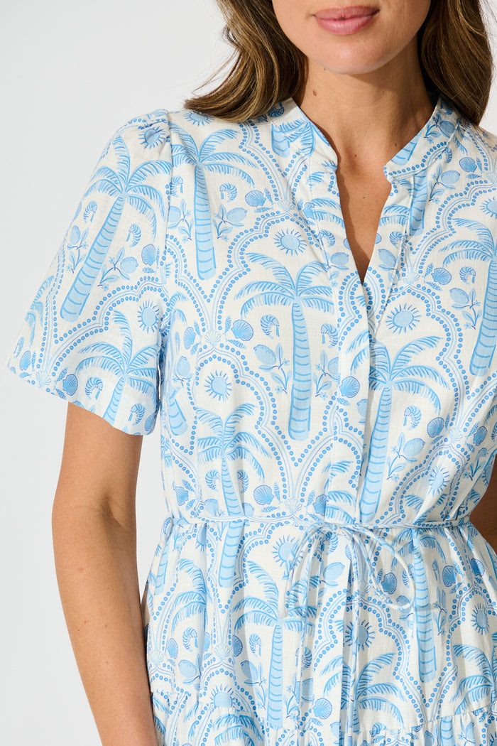 Lorea Dress in White with Blue Tropical Print Cotton detail