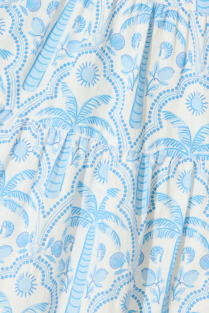 Lorea Dress in White with Blue Tropical Print Cotton fabric