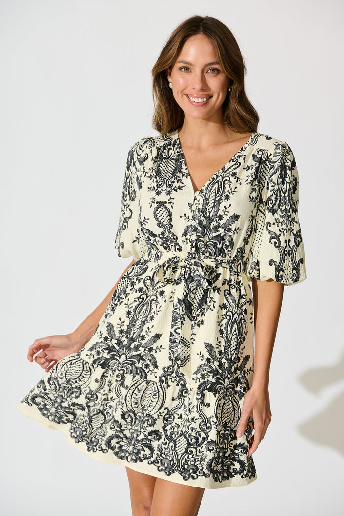 Nadette Dress in White with Black Boho Print front