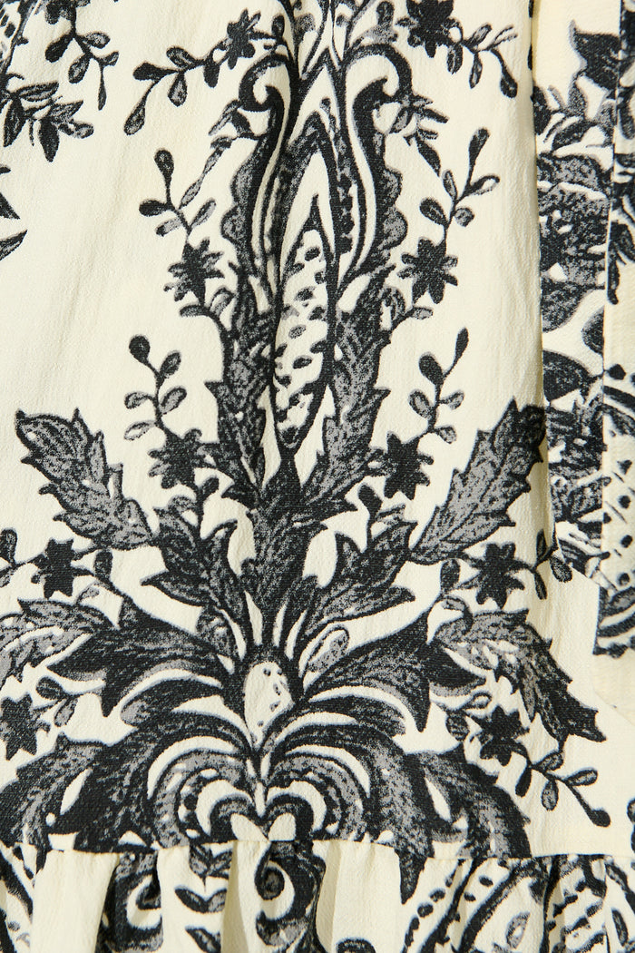 Nadette Dress in White with Black Boho Print fabric