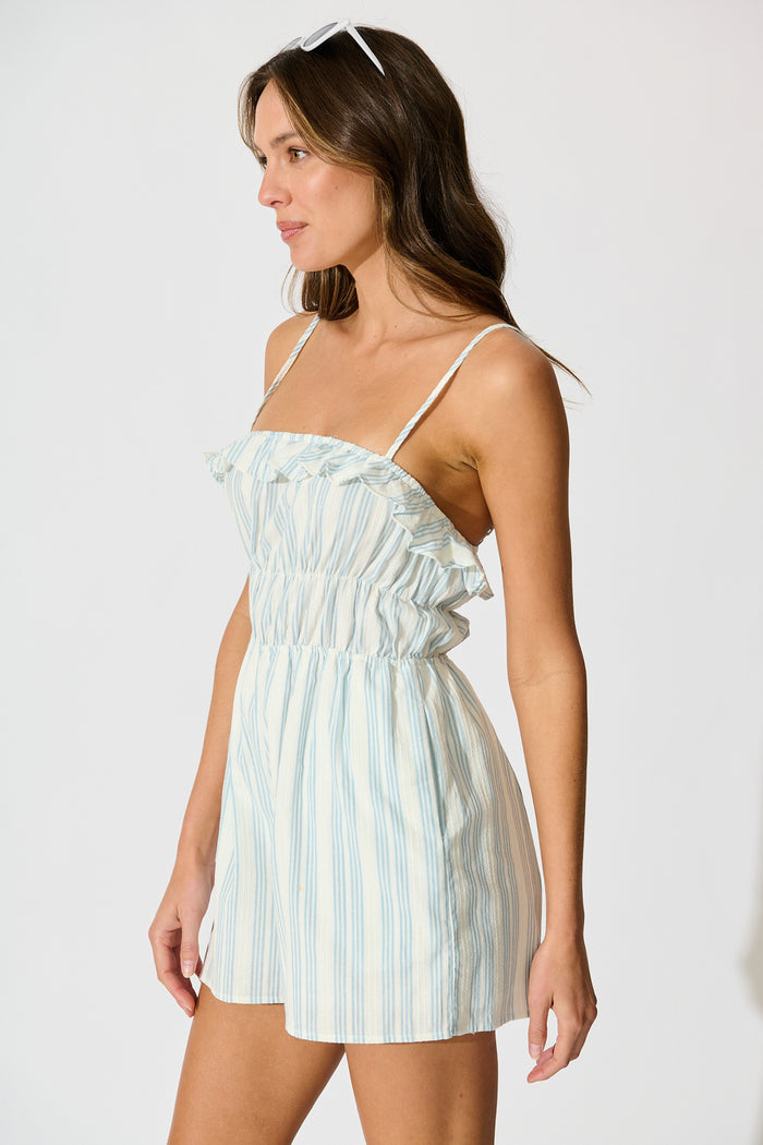 Inez Playsuit in White with Light Blue Stripe Cotton Blend side