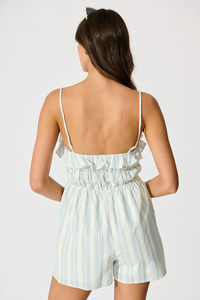 Inez Playsuit in White with Light Blue Stripe Cotton Blend back