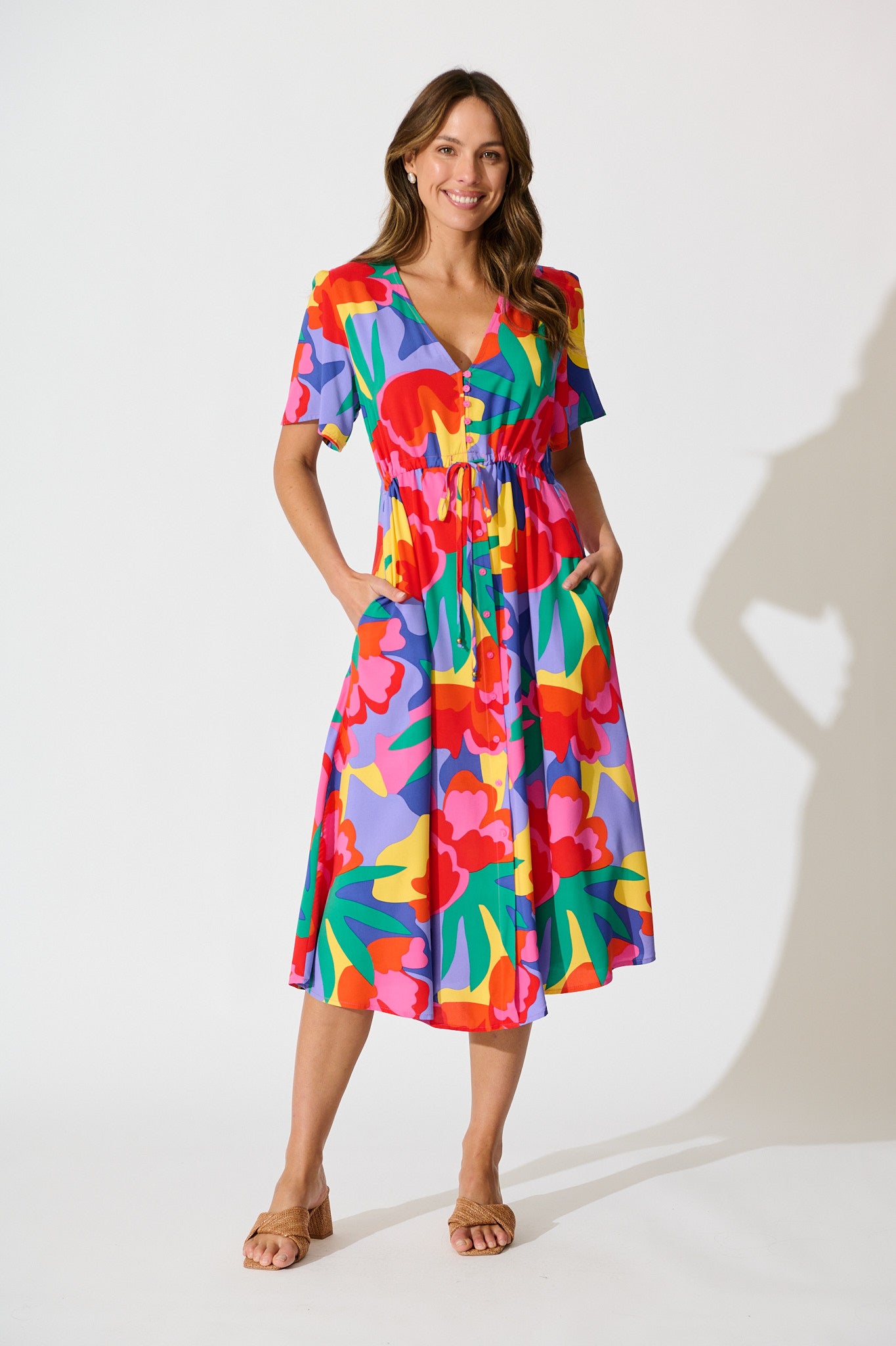 Melody Midi Dress in Bright Multi Print full length