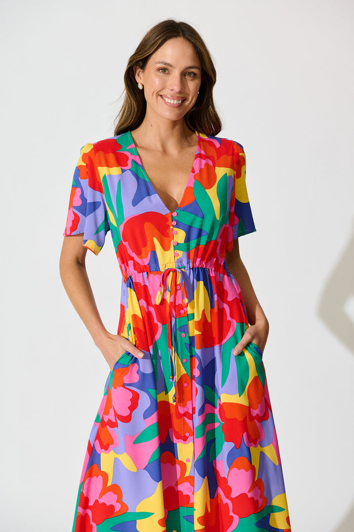 Melody Midi Dress in Bright Multi Print front