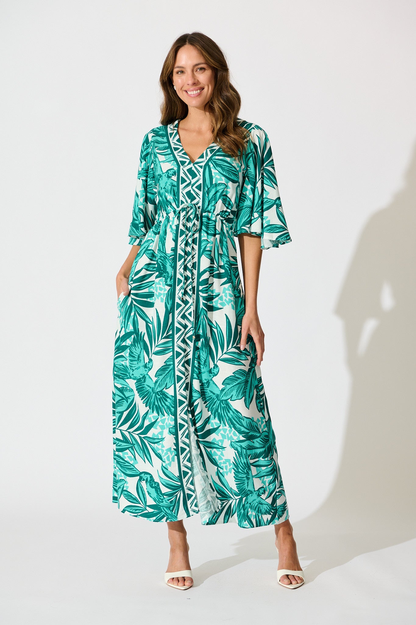 St Frock Green And White Leaf Print Dress White And Green Leaf Print Dress  Halter Dress