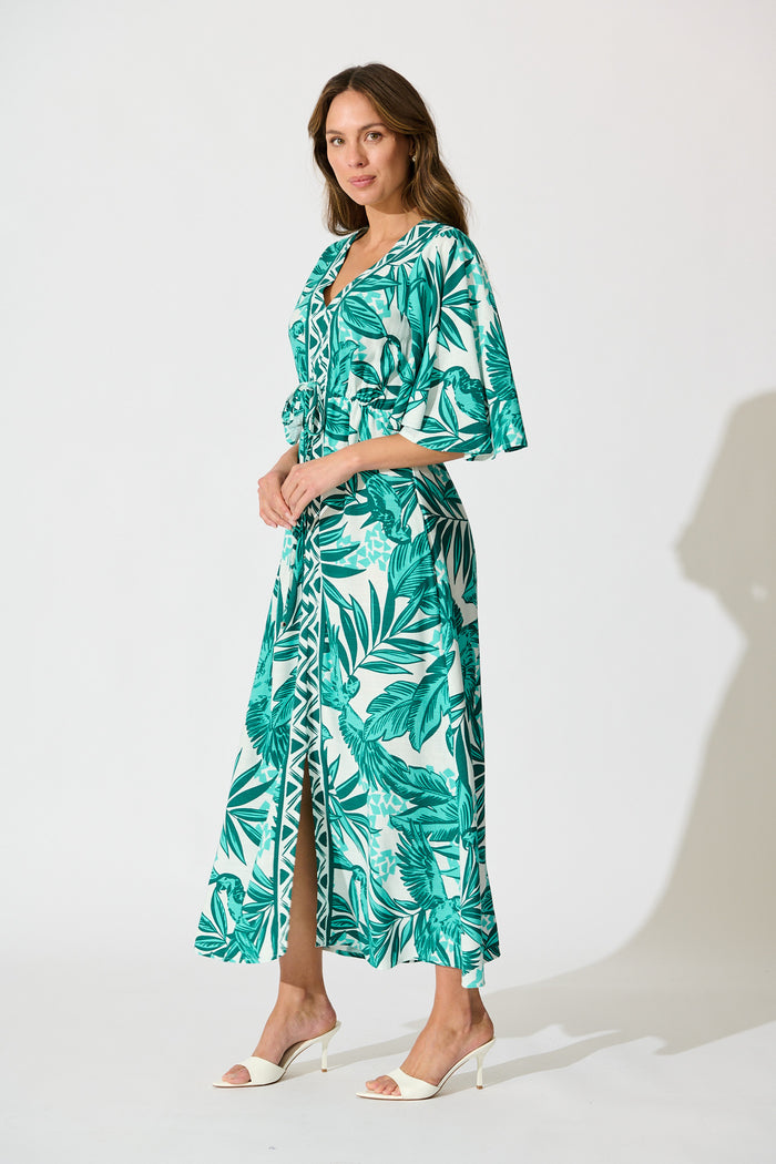 Juni Maxi Dress in Green and White Leaf Print Linen Blend side