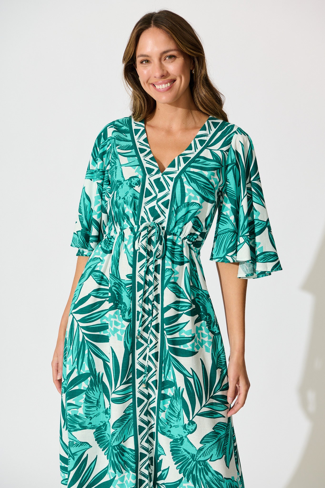 Juni Maxi Dress in Green White Leaf Print | St Frock