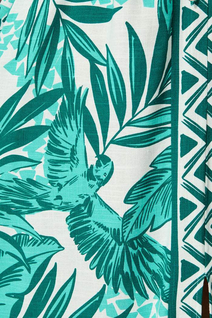 Juni Maxi Dress in Green and White Leaf Print Linen Blend fabric