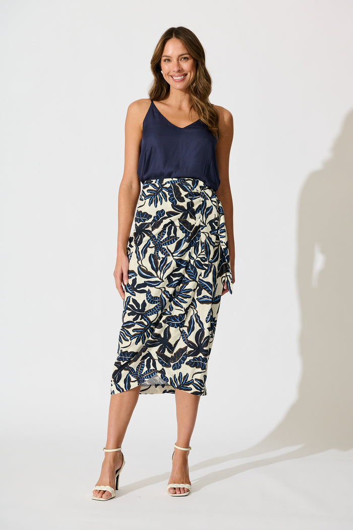 Tanis Midi Wrap Skirt in Navy and Cream Leaf Linen Blend full length
