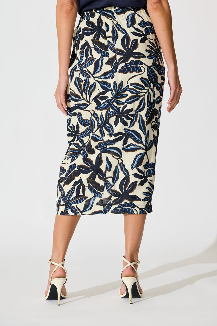 Tanis Midi Wrap Skirt in Navy and Cream Leaf Linen Blend back