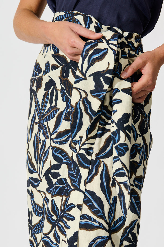 Tanis Midi Wrap Skirt in Navy and Cream Leaf Linen Blend detail