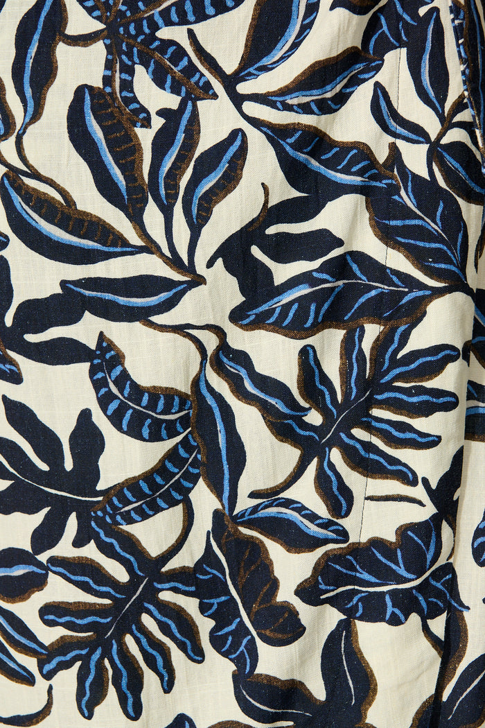 Tanis Midi Wrap Skirt in Navy and Cream Leaf Linen Blend fabric