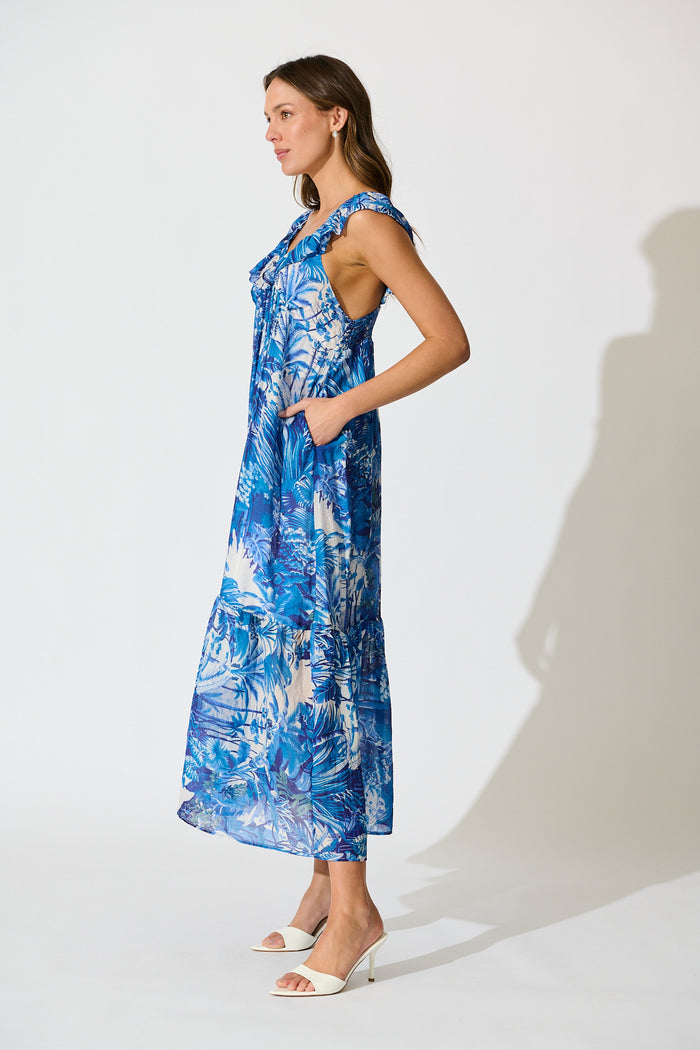Katriel Maxi Dress in Blue and White Leaf Cotton Blend side