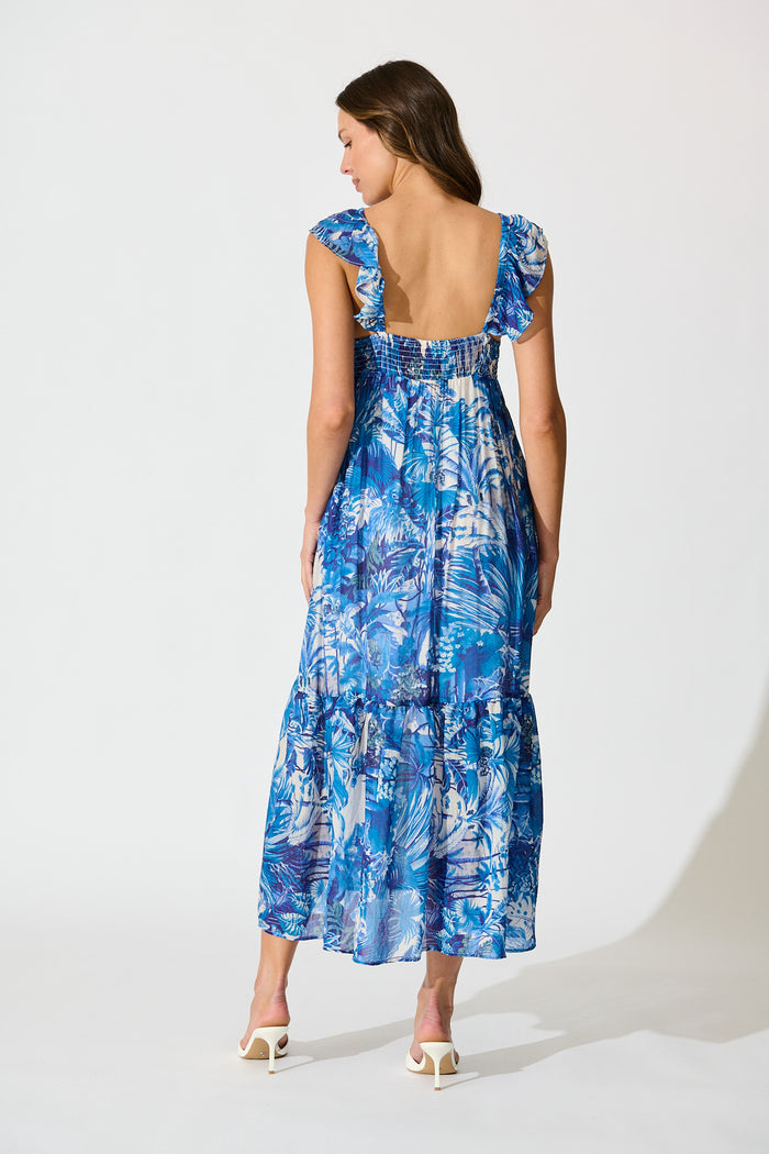 Katriel Maxi Dress in Blue and White Leaf Cotton Blend back