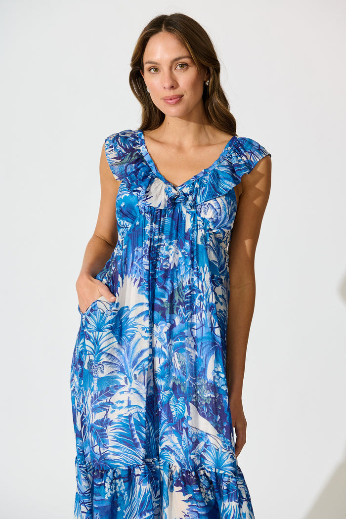 Katriel Maxi Dress in Blue and White Leaf Cotton Blend front