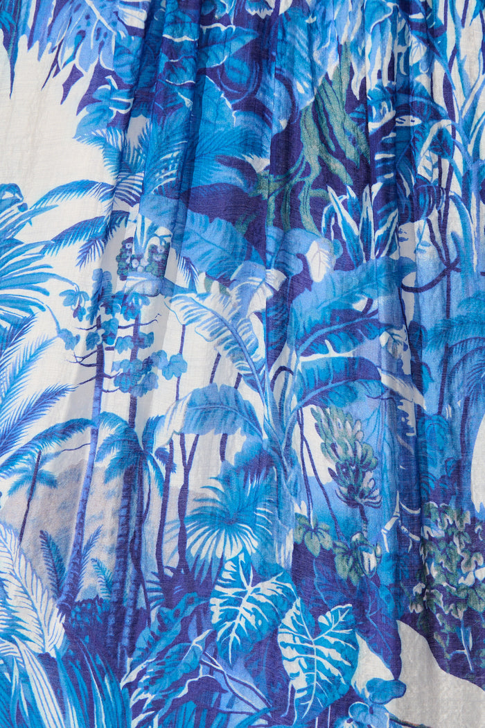 Katriel Maxi Dress in Blue and White Leaf Cotton Blend fabric