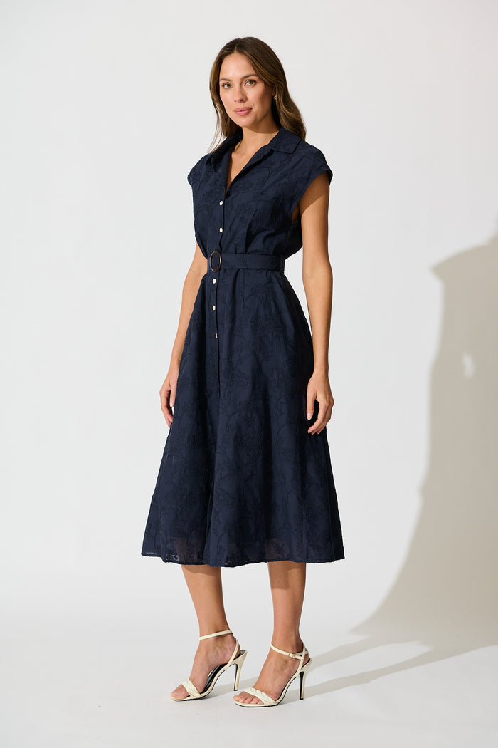 Lace & Love Midi Shirt Dress in Navy Embroidrey Cotton side