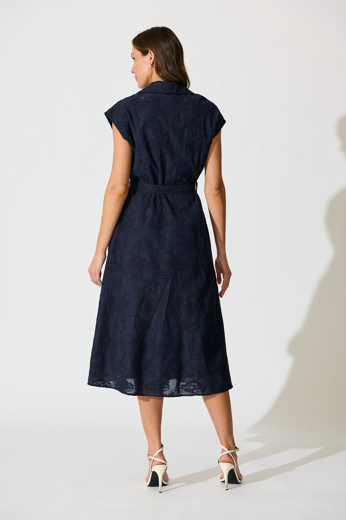 Lace & Love Midi Shirt Dress in Navy Embroidrey Cotton back