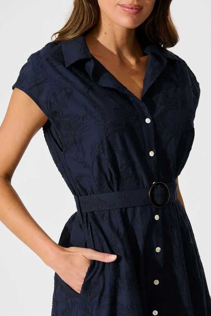 Lace & Love Midi Shirt Dress in Navy Embroidrey Cotton detail