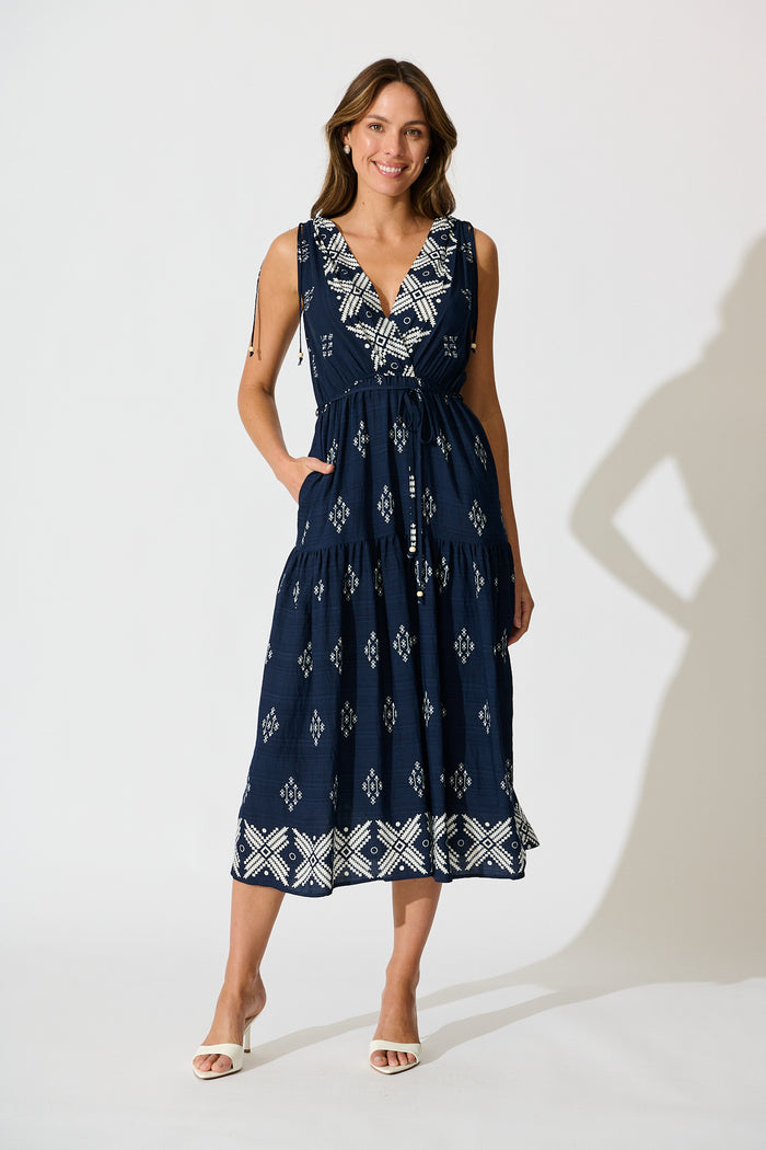 Amabelle Midi Dress in Navy with White Border Linen Blend full length