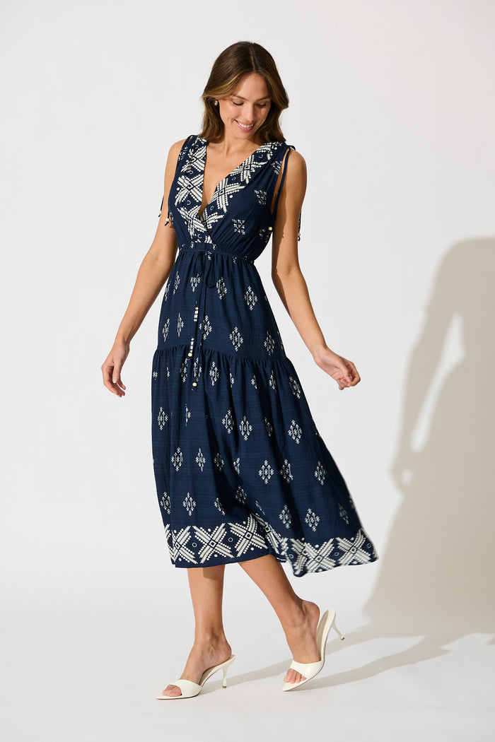 Amabelle Midi Dress in Navy with White Border Linen Blend side