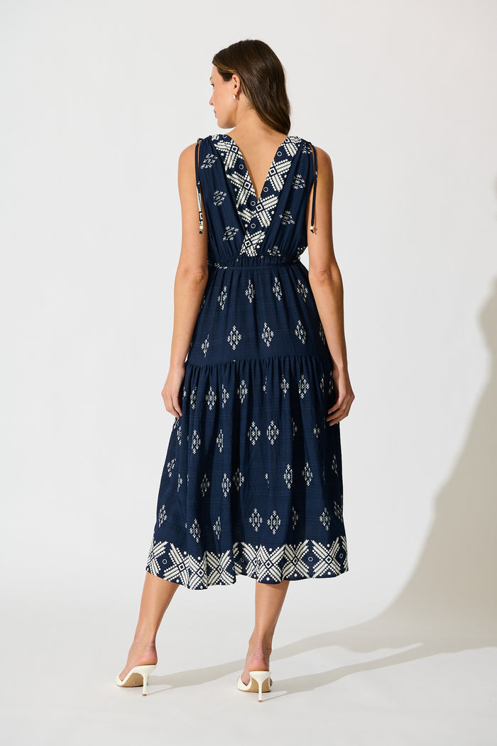 Amabelle Midi Dress in Navy with White Border Linen Blend back