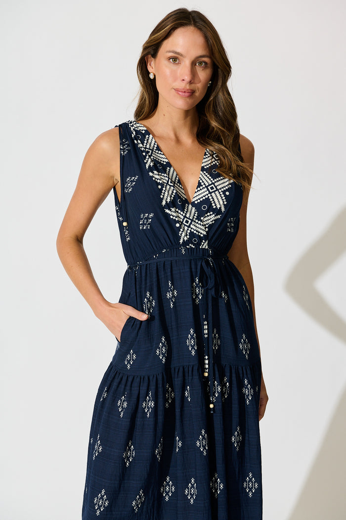 Amabelle Midi Dress in Navy with White Border Linen Blend front