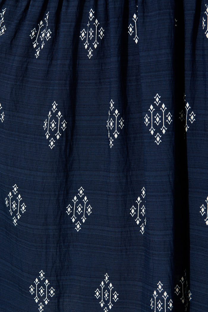 Amabelle Midi Dress in Navy with White Border Linen Blend fabric